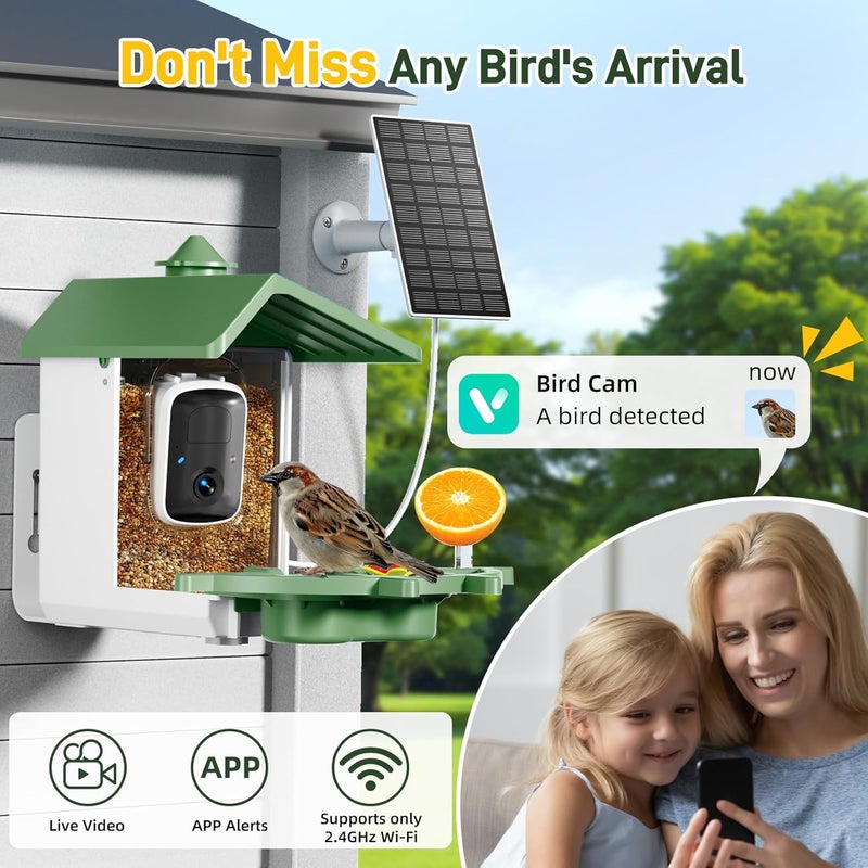 INKCKU Smart Bird Feeder with Camera, Solar Powered WiFi WildBird Watching Camera with AI Bird Recognition, 2K Auto Capture, Vicohome App Alerts, Outdoor Garden Decor Gift for Dad Mom BirdLovers (Green) - Image 3